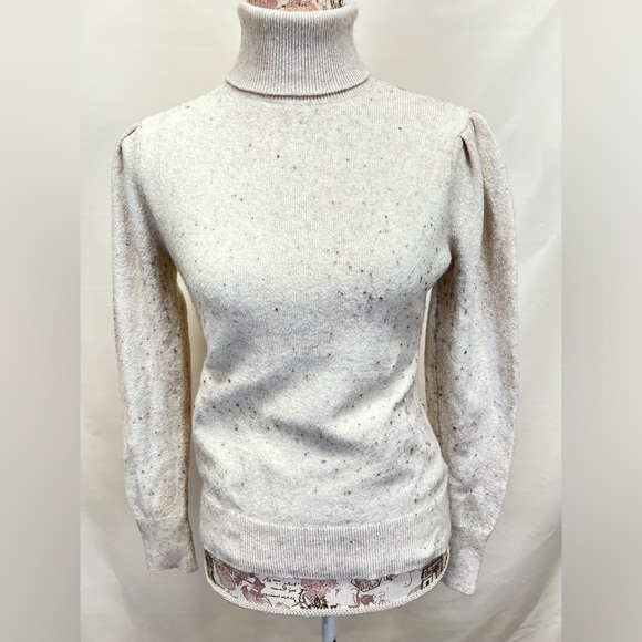 RACHEL‎ PARCELL Beige speckled puff sleeve turtleneck sweater size M. - Picture 1 of 14